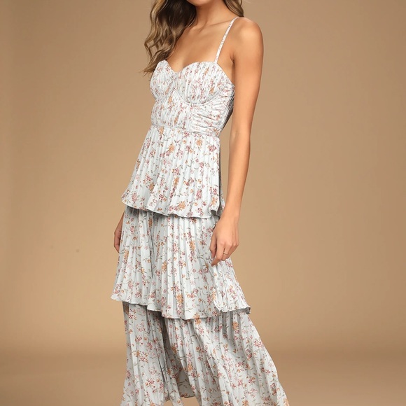 Lulus Dresses & Skirts - Lulus Cascading Crush Pale Blue Floral Print Tiered Bustier Midi Dress